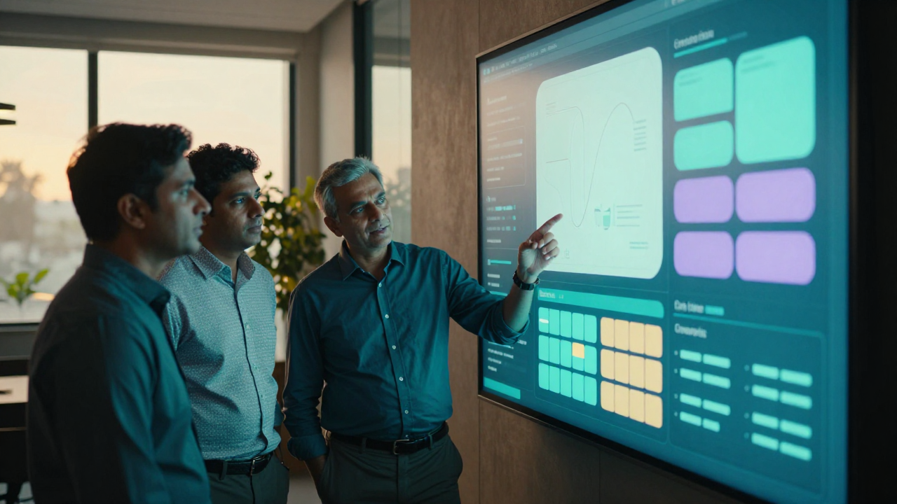 Enterprise trade team in a modern conference room looking at a Grid AI dashboard