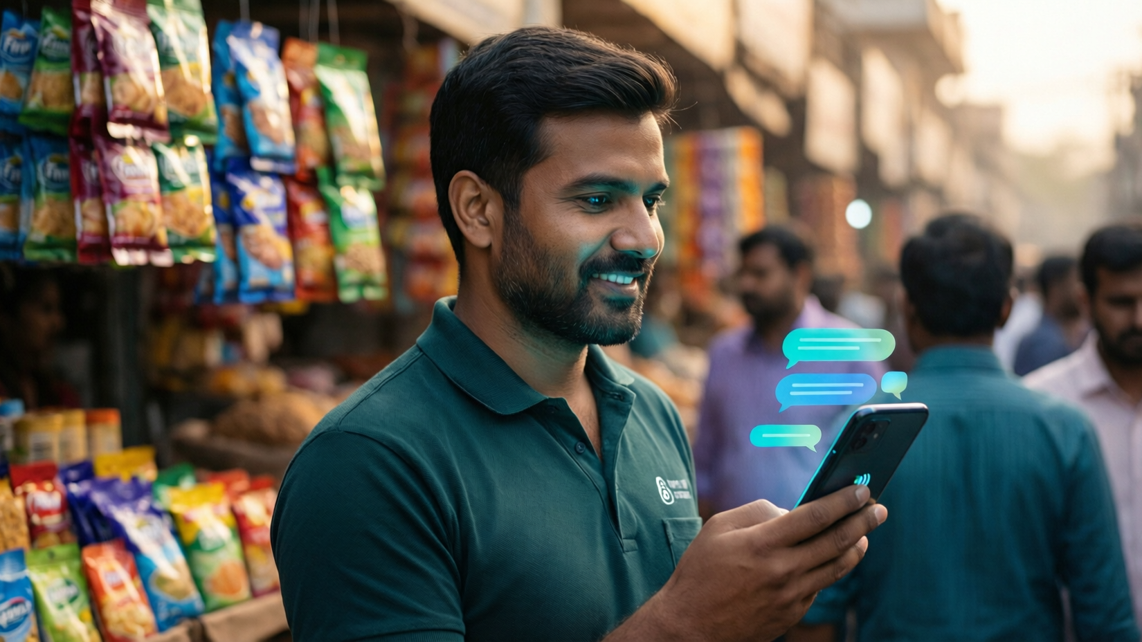 Field sales rep outdoors on a busy Indian market street, holding a smartphone with a conversational interface visible