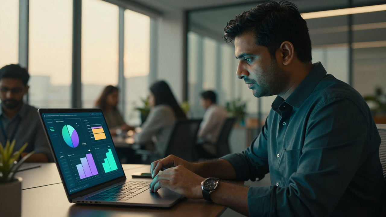 Trade marketing manager at a laptop reviewing a dashboard showing coloured bar charts in Ion palette