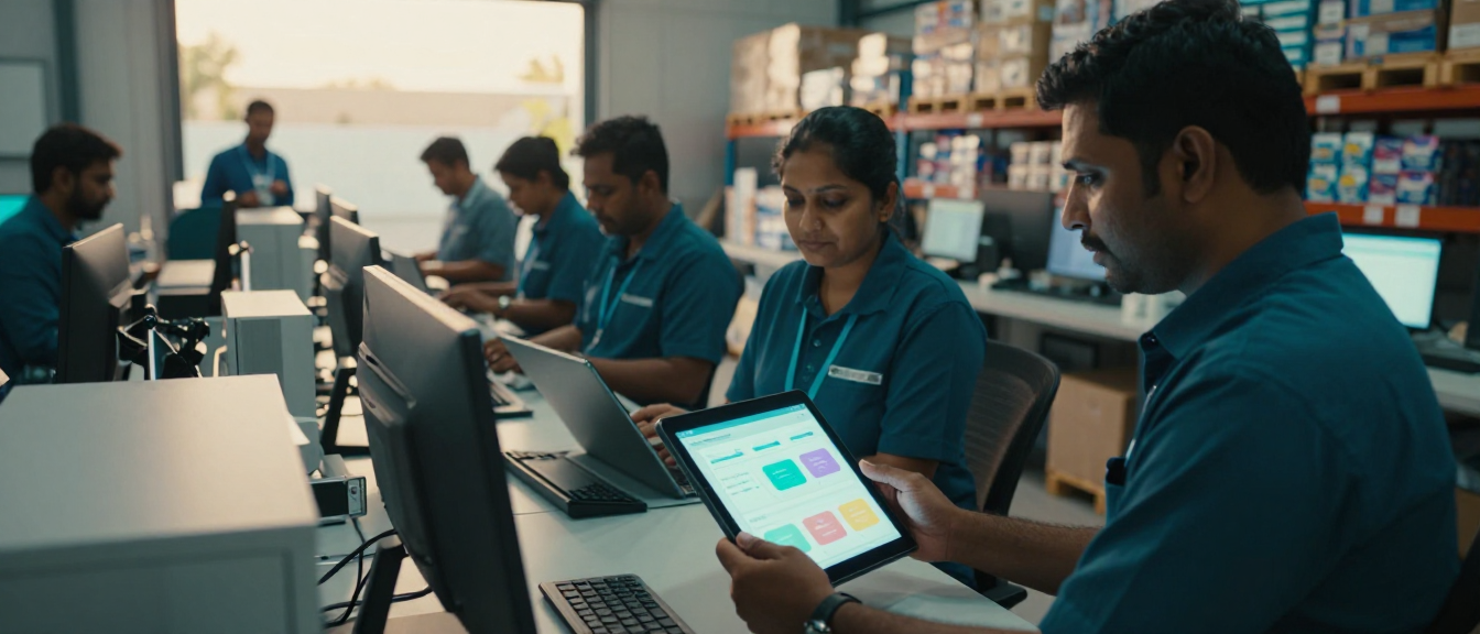 Cinematic wide shot of a busy Indian FMCG distributor's operations floor — staff at workstations with tablets showing a unified inbox, warm industrial lighting