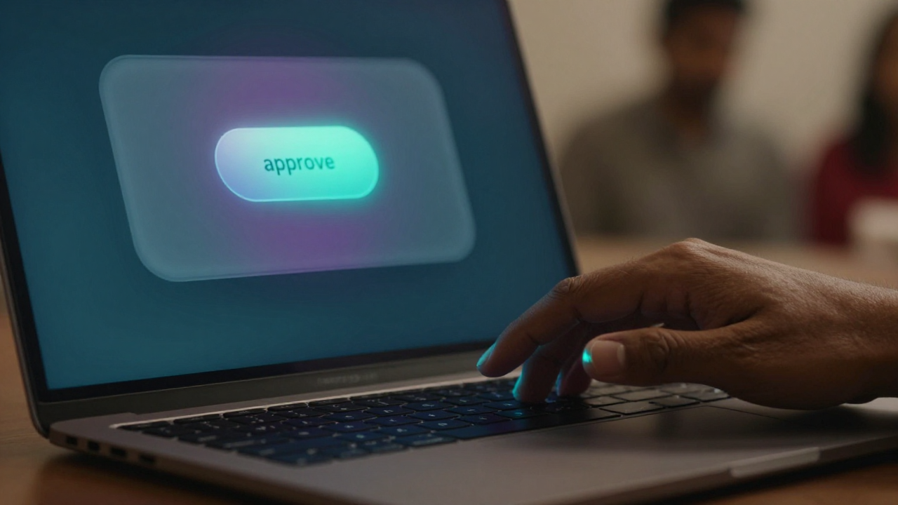 Person's hand hovering over a laptop trackpad — screen showing an AI-suggested action card with a prominent Approve / Modify button, soft Ion-teal glow on button