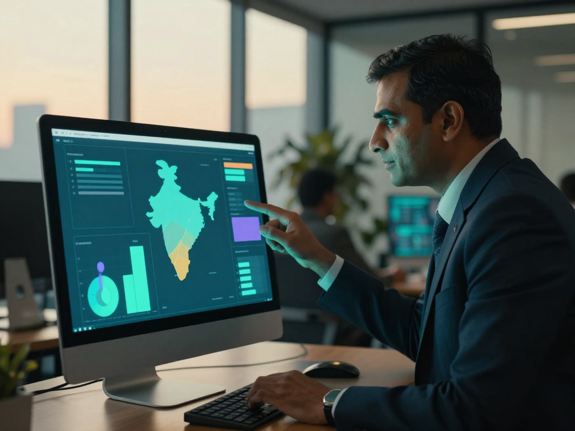 Brand manager in a modern Indian corporate office reviewing distribution performance on a desktop monitor