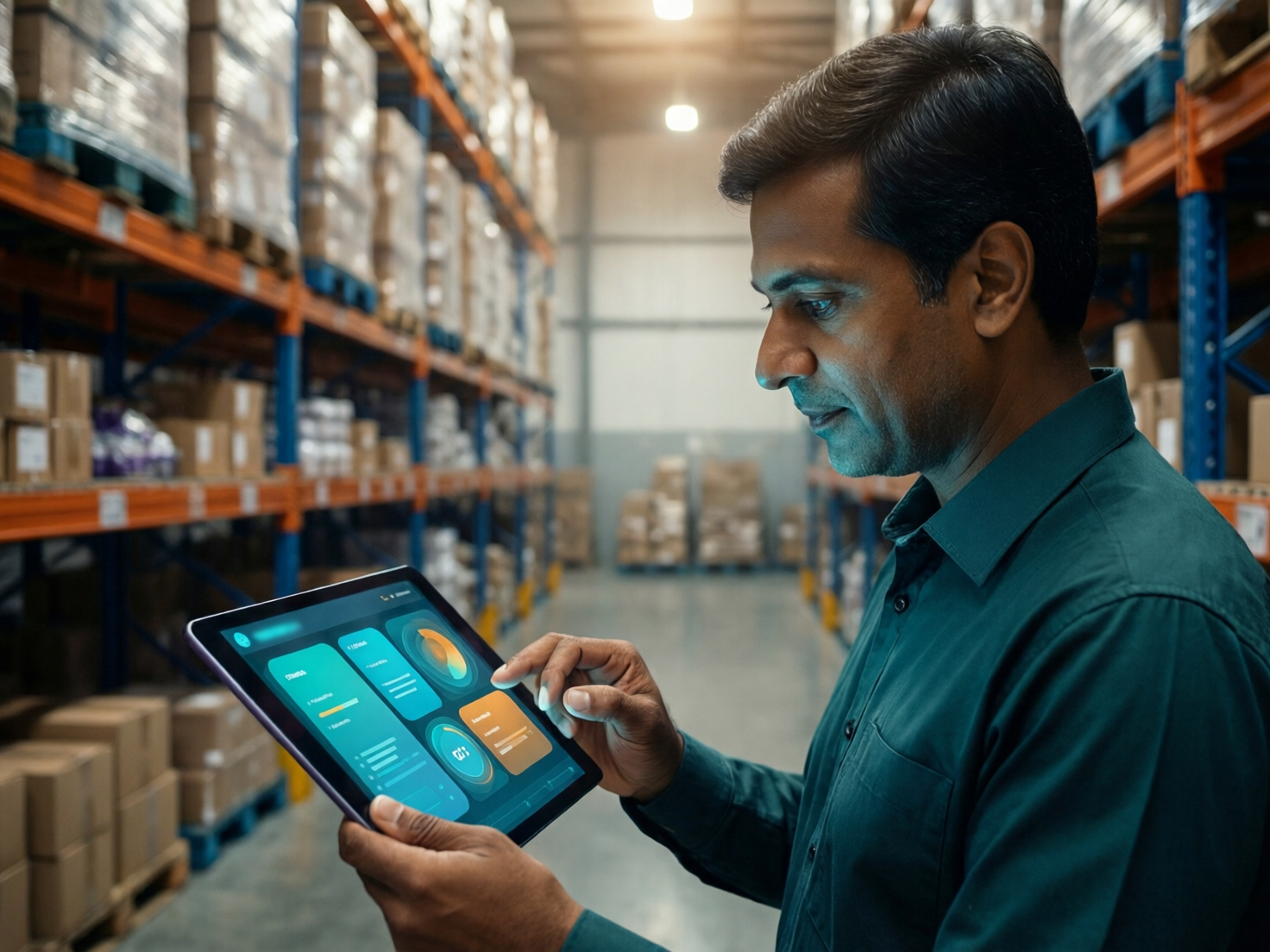 Distributor operations manager in a warehouse aisle reviewing stock and order data on a tablet