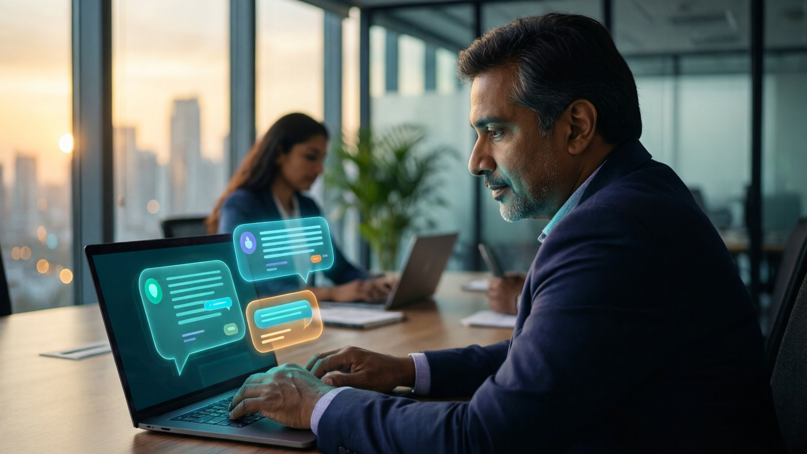 Over-the-shoulder view of a brand manager at a laptop showing a unified trade inbox